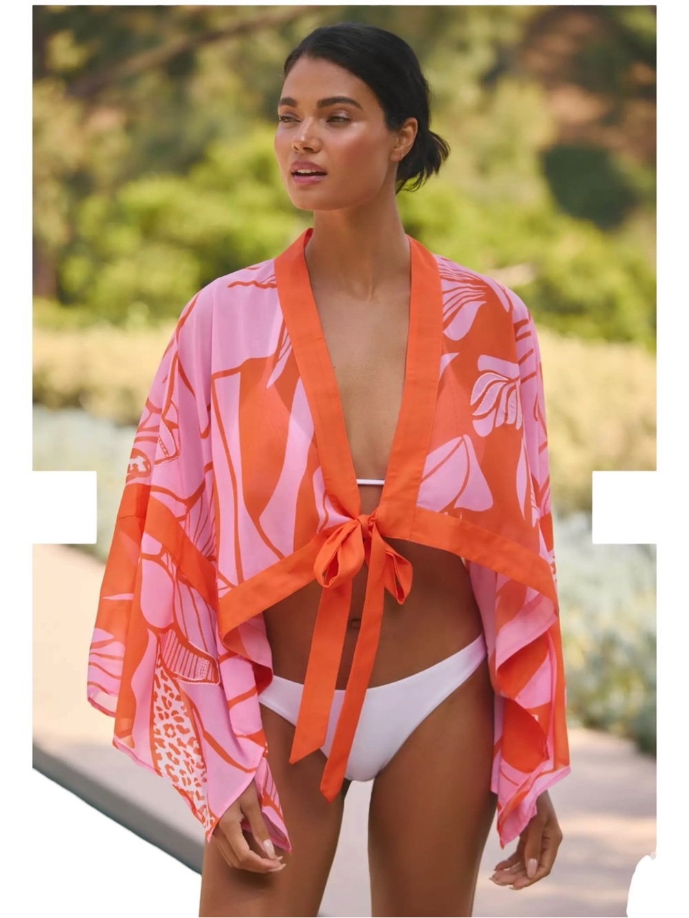 Anthropologie Tie Front Crop Blouse One Size Pink Orange Resort Beach Cover Up